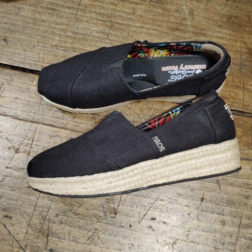 Skechers Women's Sz 7 Loafers Shoes BOBS Espadrille Black Memory Foam Canvas